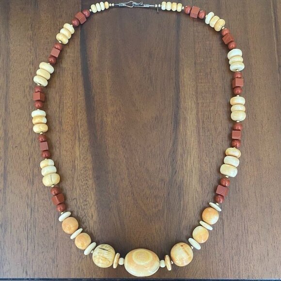Vintage MJ Bone & Horn Necklace Red Jasper Square & Round Beads 27" - Picture 2 of 11